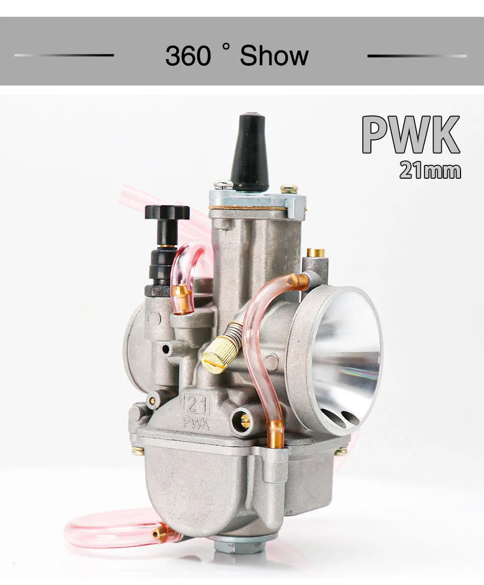 PWK sandblasting motorcycle carburetor for performance modification, shown in multiple bore sizes.