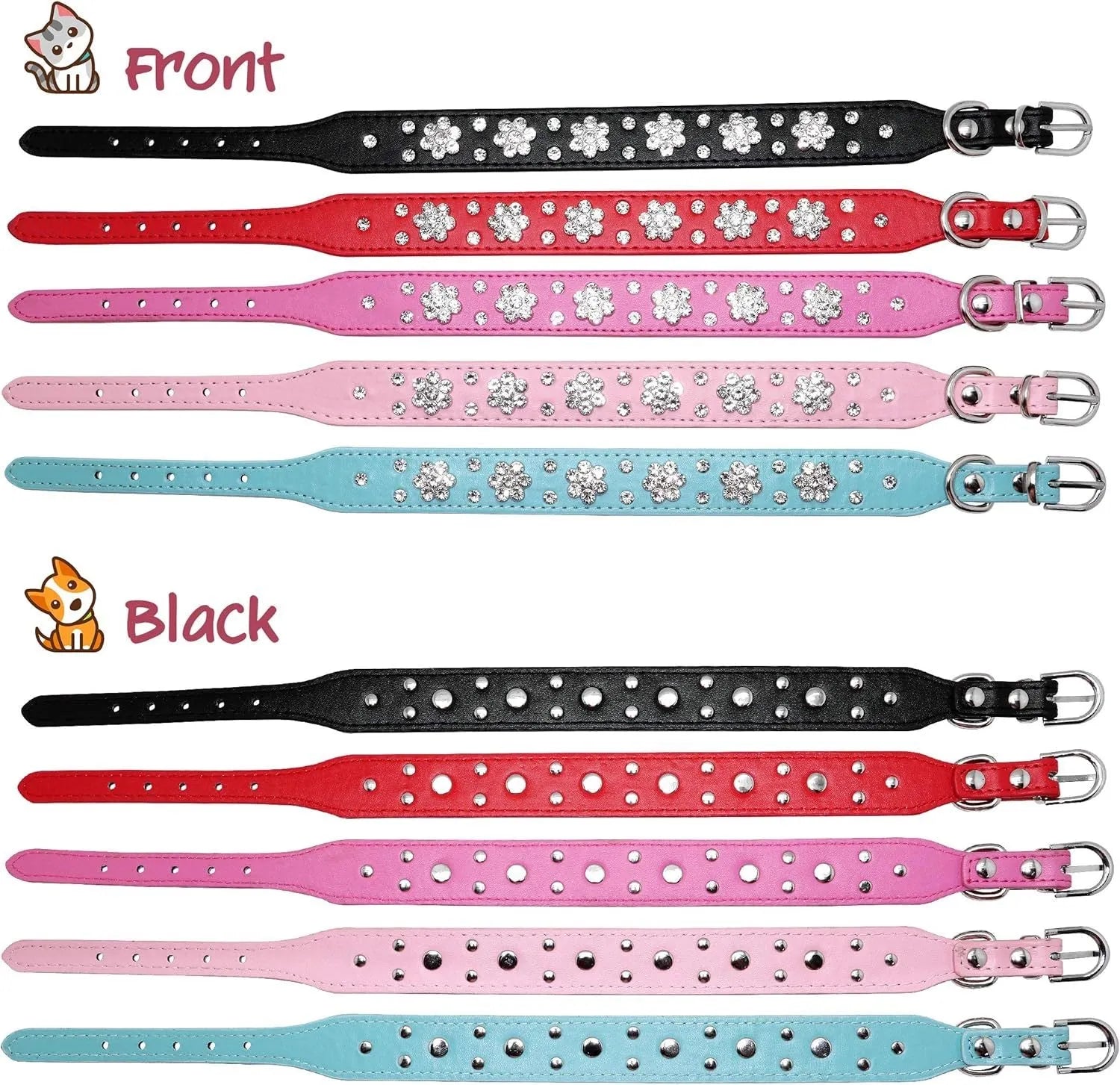 Black PU leather dog collar with silver rhinestone flower pattern and metal D-ring for small dogs.