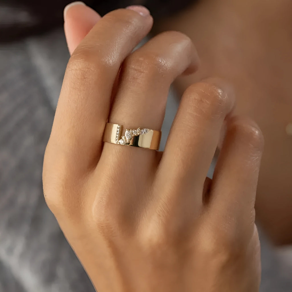 Women's gold electroplated ring with shining zircon stones on copper band