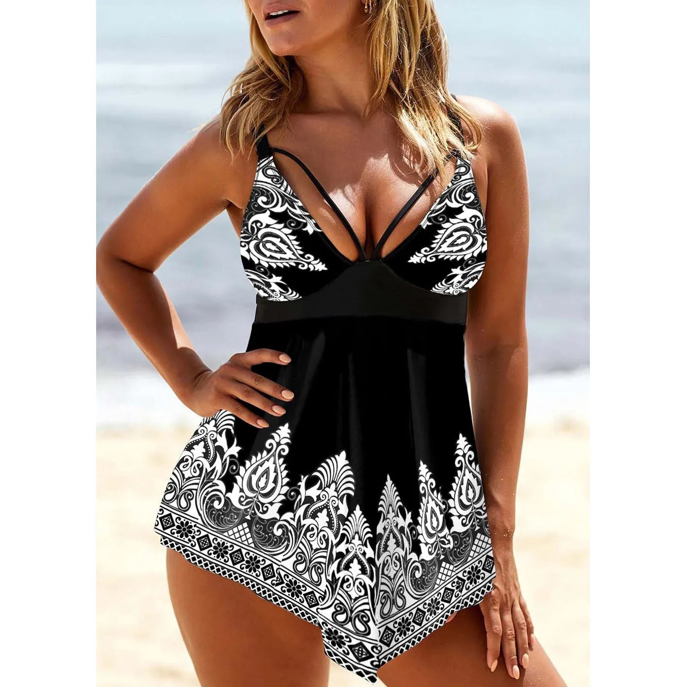 Women's plus size skirt swimsuit with printed straps and deep V-neck in gradient colours