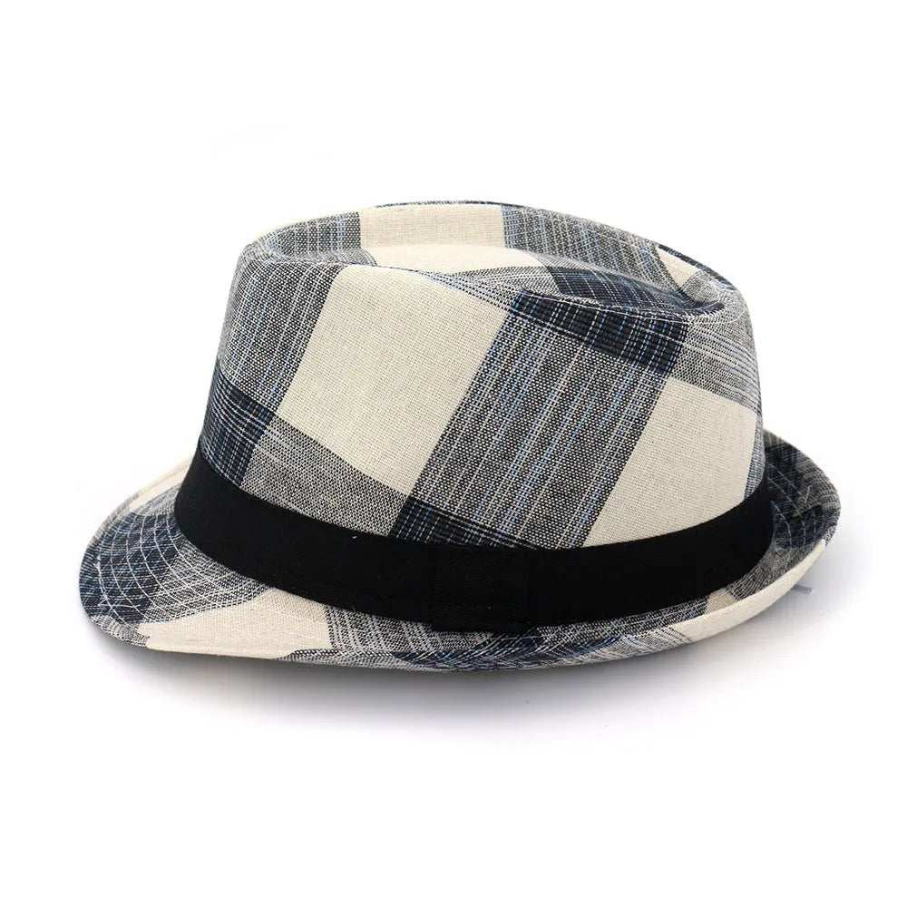 Casual blue polyester straw sun hat with a bell crown on a neutral background.