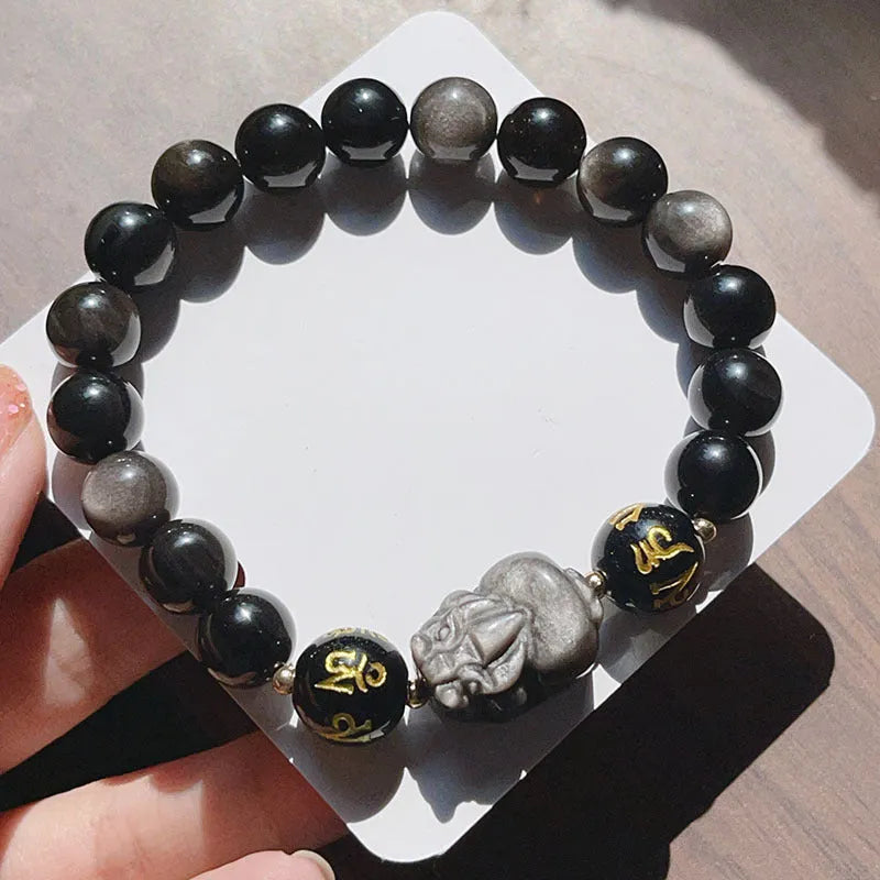 Men's natural silver stone bracelet with Chinese style design and zodiac anniversary beads