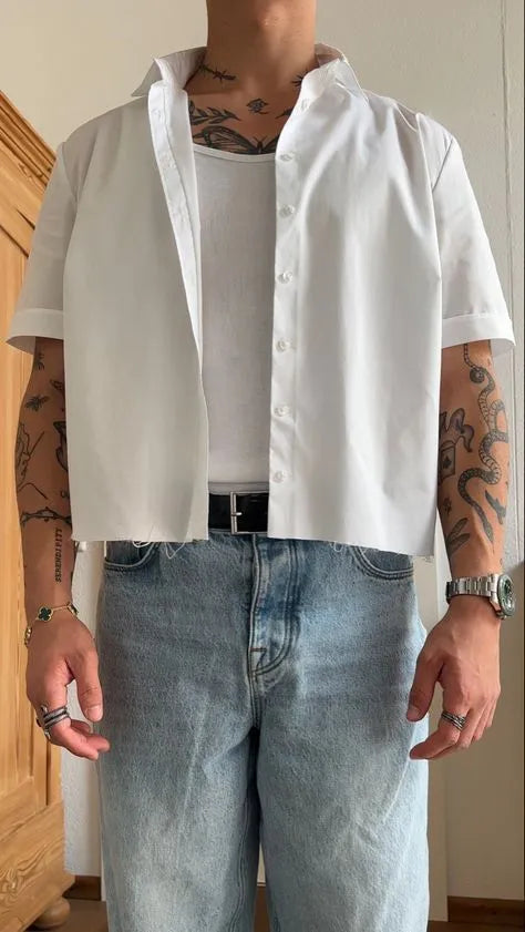 Men's white cropped length short sleeve polyester shirt showing regular fit casual design