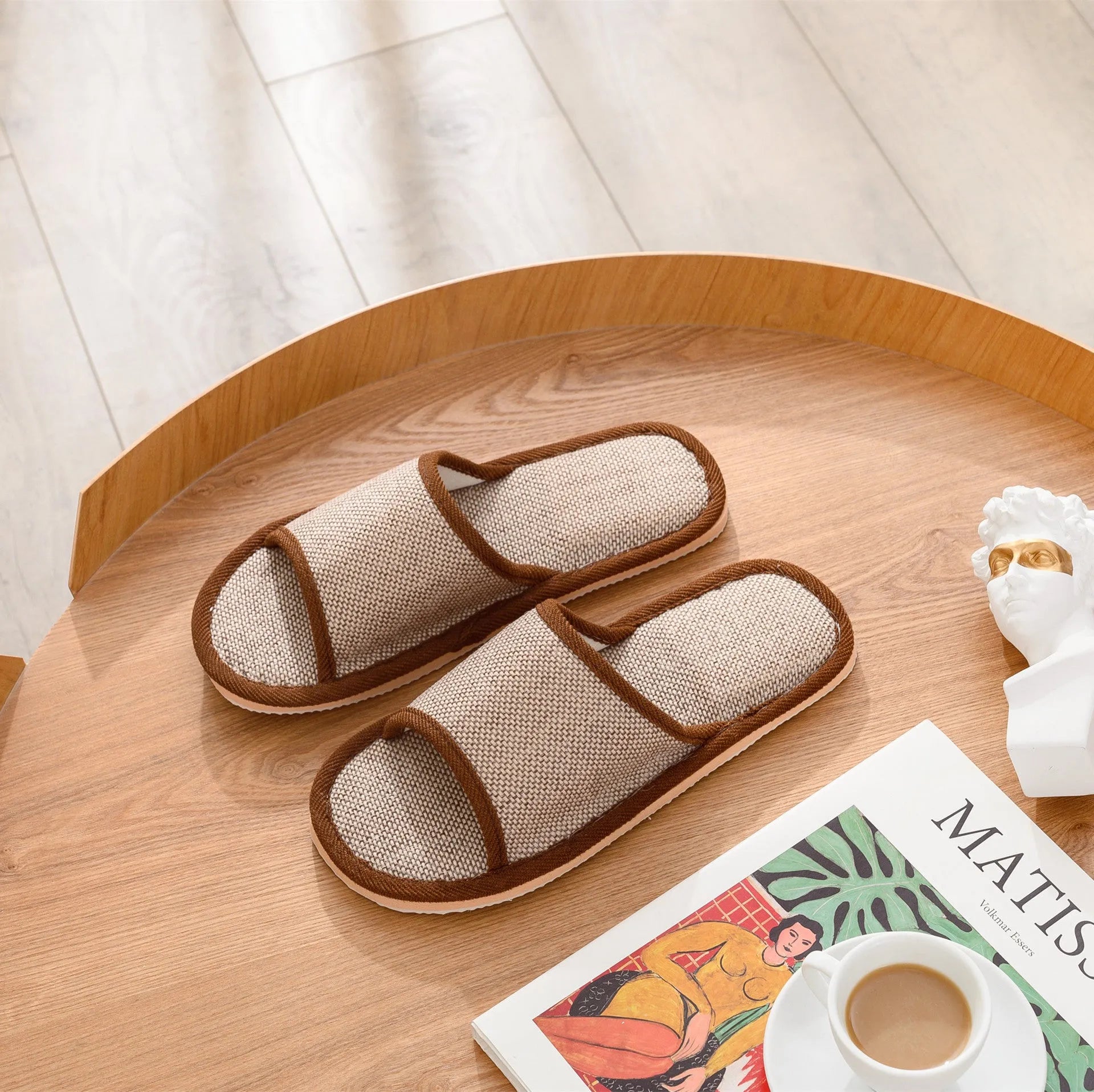 Women's open-toe linen slippers in light brown colour showing breathable design and thickening sole.
