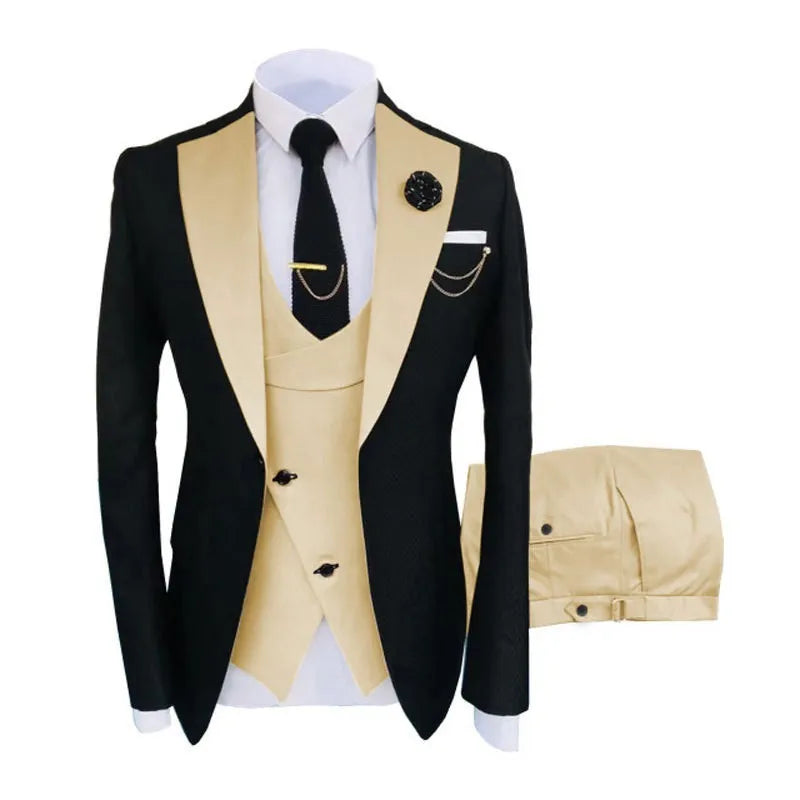 Men's slim fit cotton three-piece business suit with vest for formal occasions.