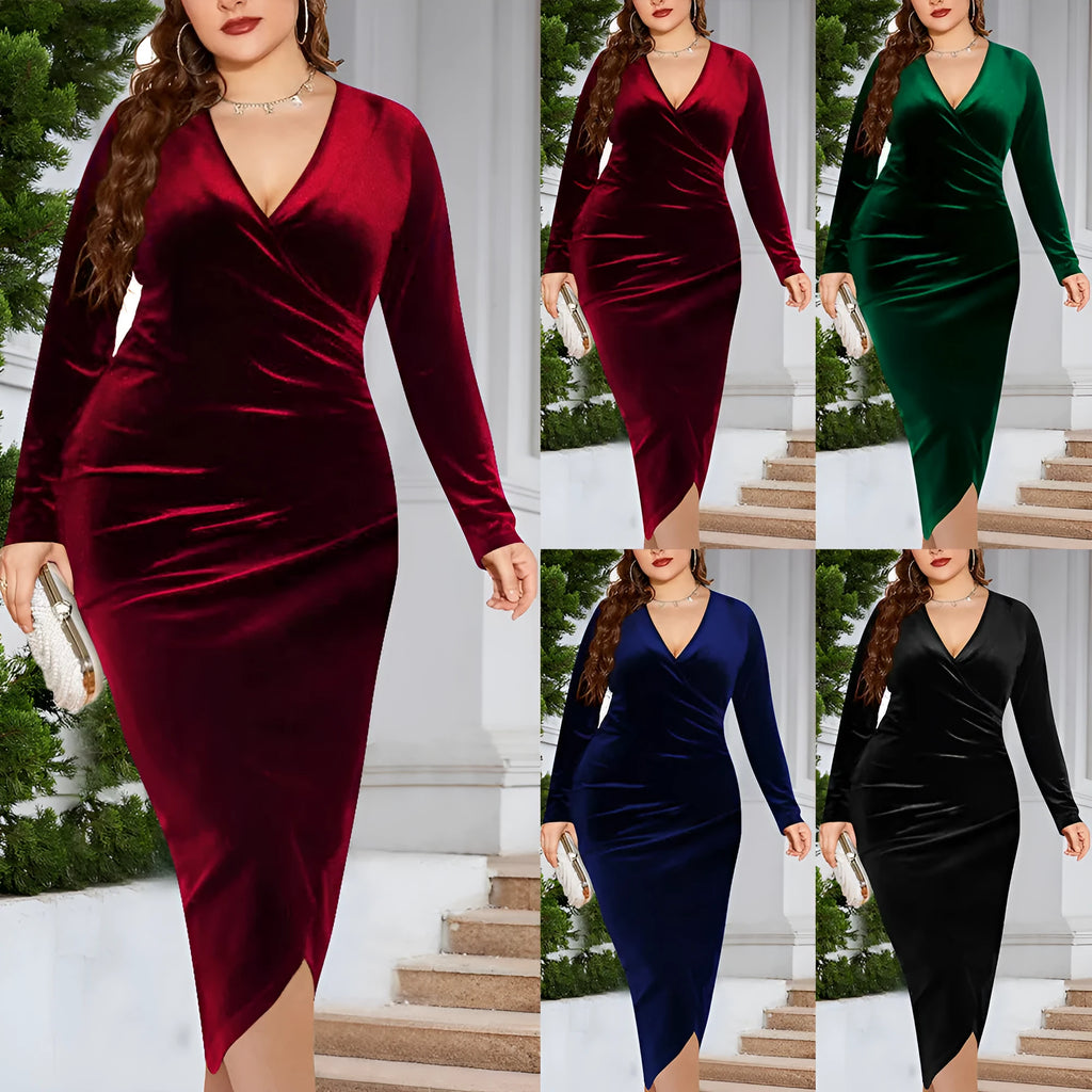 Women's red V-neck dress with long sleeves on a hanger