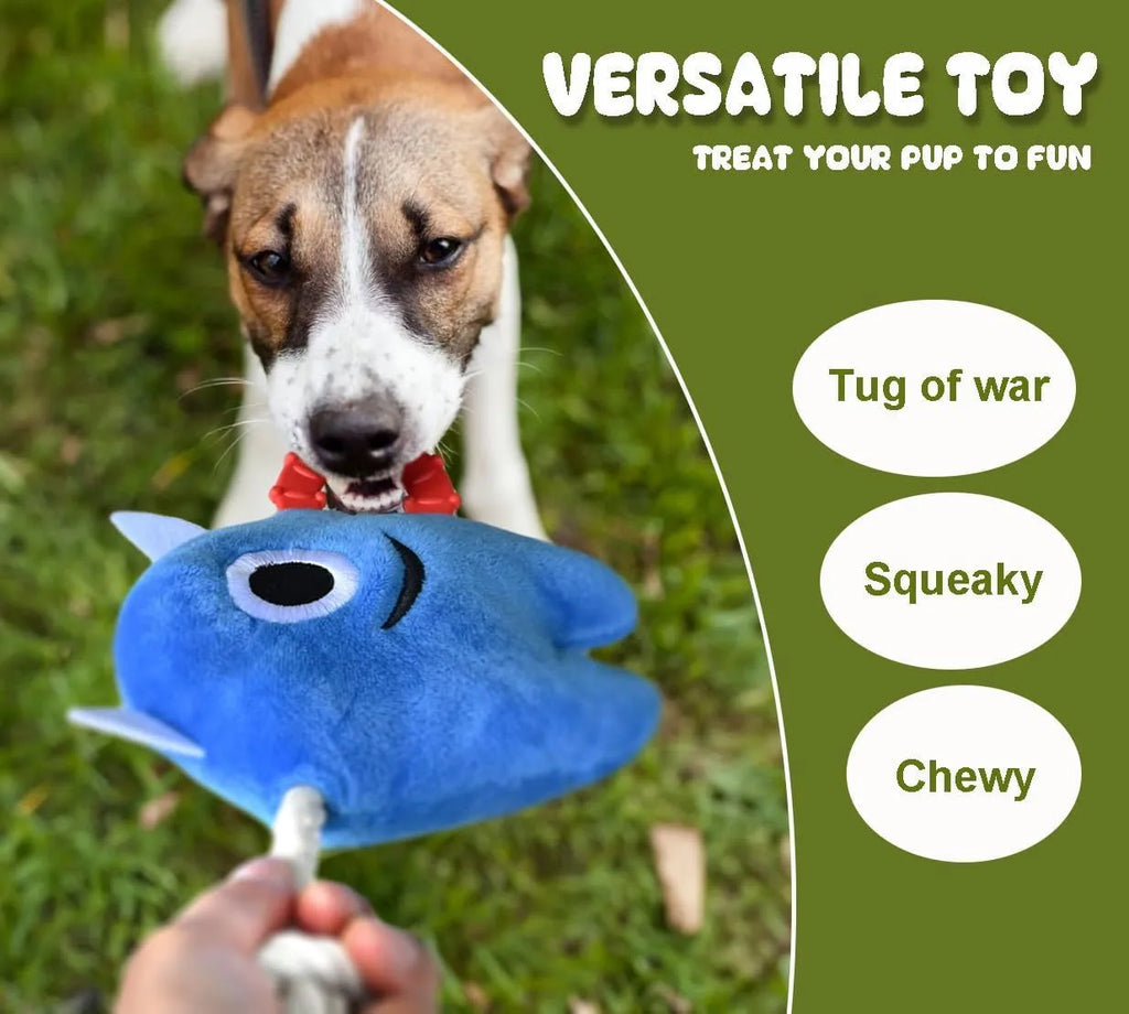 Blue and green plush monster dog toy with integrated cotton rope tug section