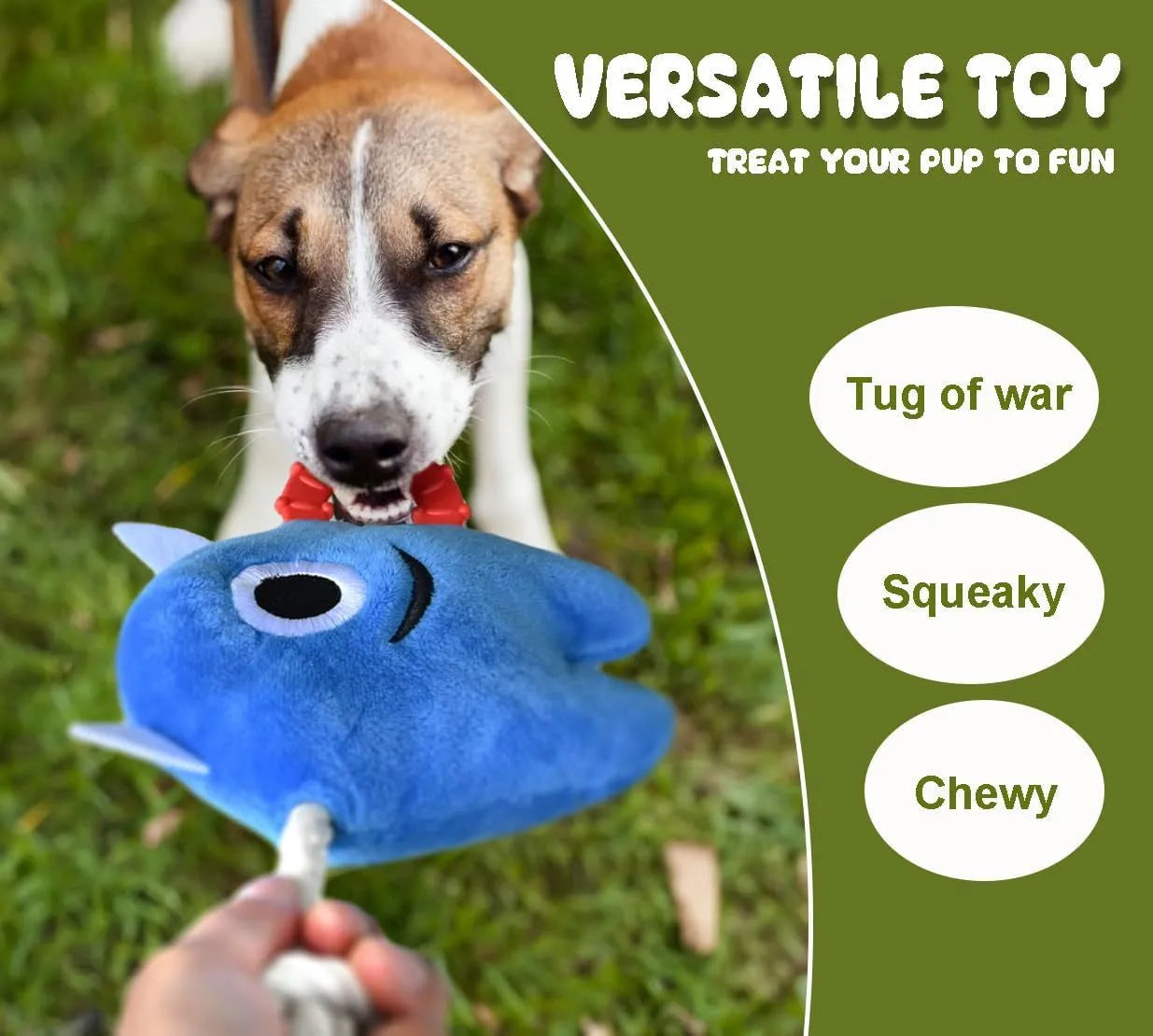 Blue and green plush monster dog toy with integrated cotton rope tug section