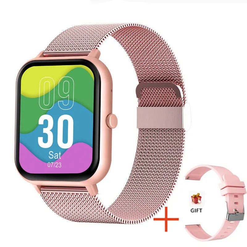 ZL54C smart watch showing AMOLED display with health monitoring metrics and Milan steel strap