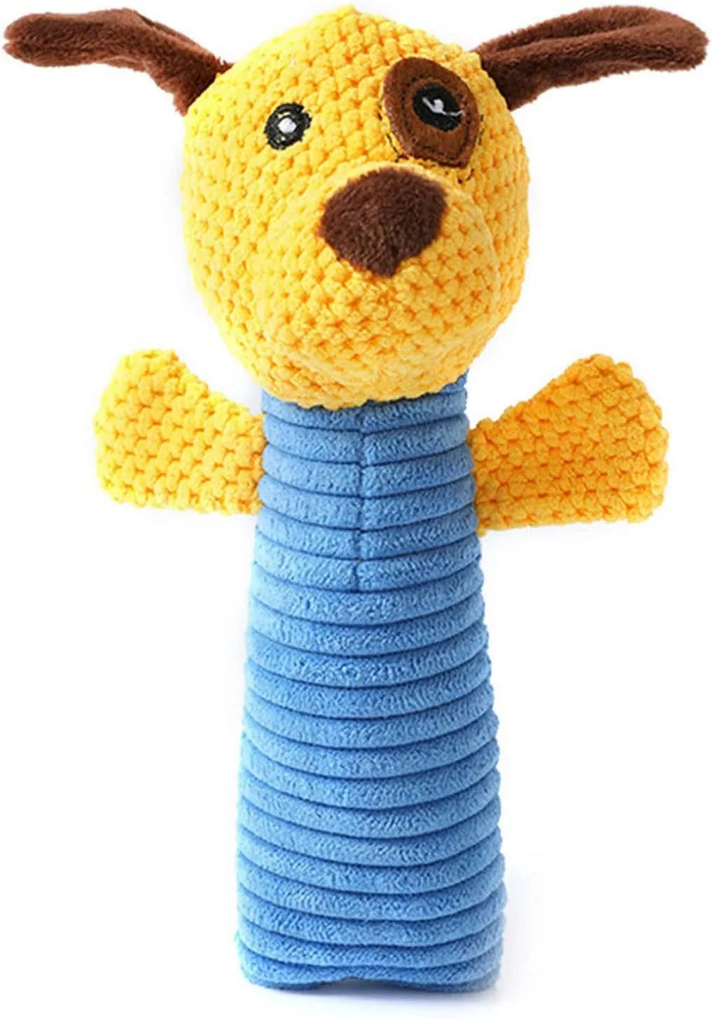 Soft plush dog squeaky chew toy in animal shapes including a calf, frog, and puppy, shown with scale for its 19cm by 5cm size.