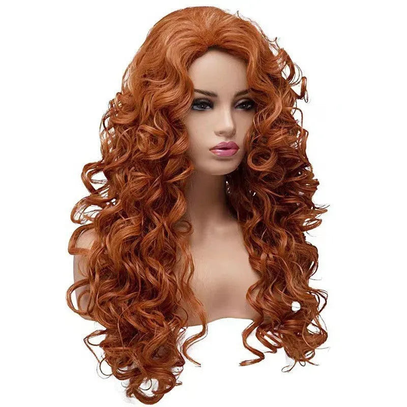 Brown long wavy curly cosplay wig on wig head cover