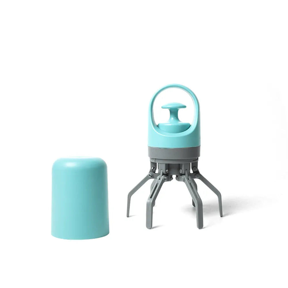 Blue pet waste scooper with claw mechanism and built-in bag dispenser for outdoor clean-up