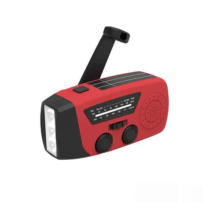 Red rechargeable emergency hand radio torch with built-in speaker and USB port