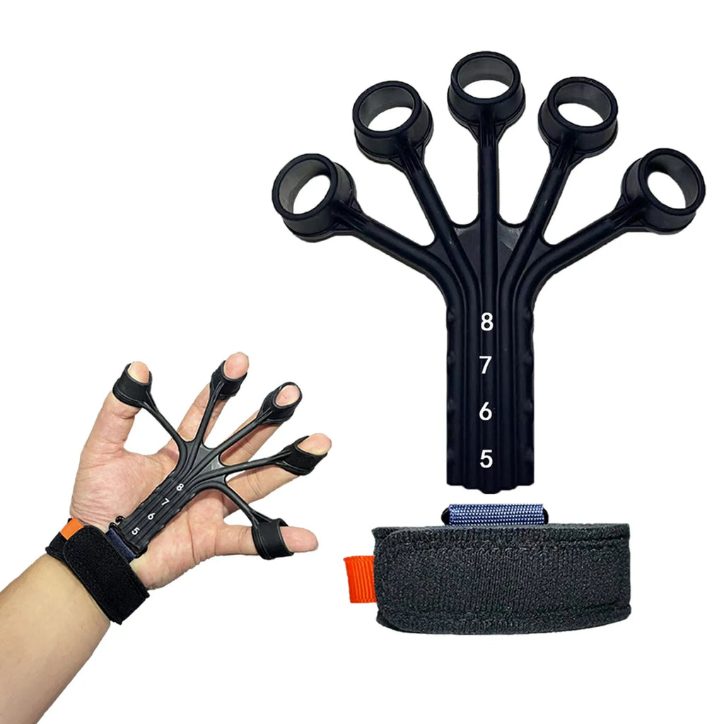 Black and grey silicone finger trainer tension rope with adjustable belt for rehabilitation.