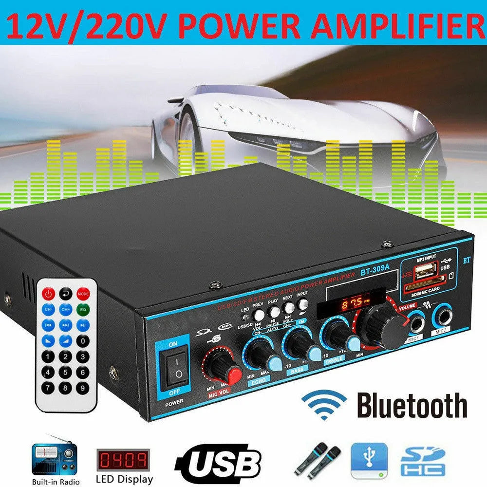 BT-309A-A black iron case power amplifier with remote control for home and car use