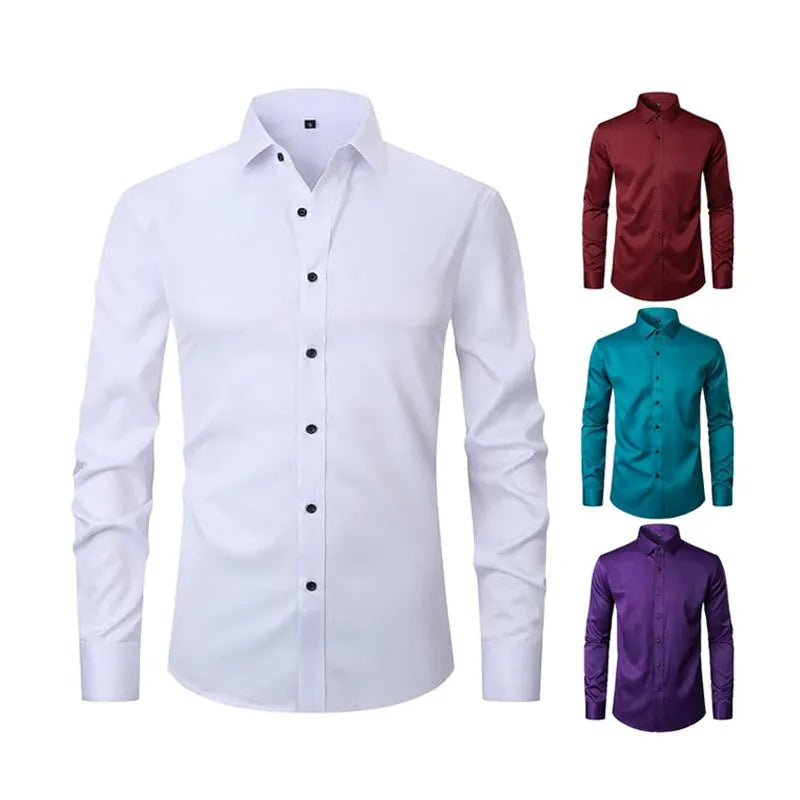 Men's stretch long sleeve work shirt in polyester fabric showing front view with size options