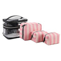 Pink bold stripes floral pattern waterproof synthetic leather makeup bag with folding design