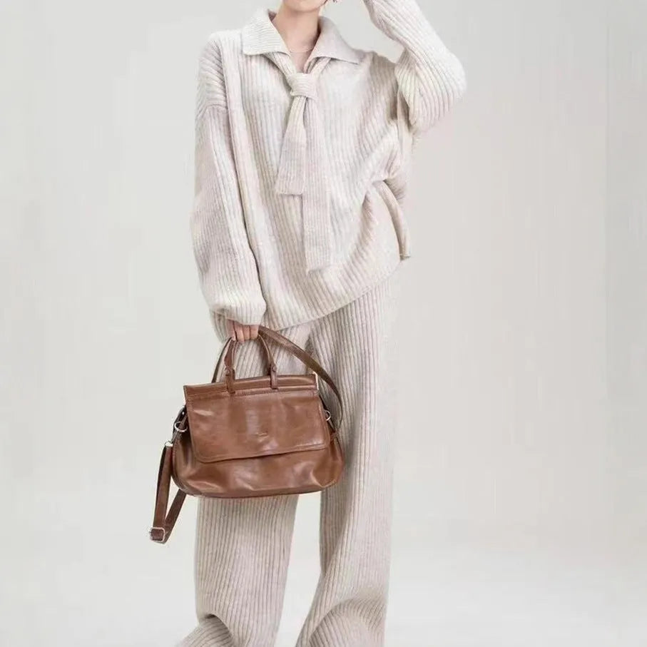 Women's sweater suit two-piece set with knitted top and casual trousers in neutral colours