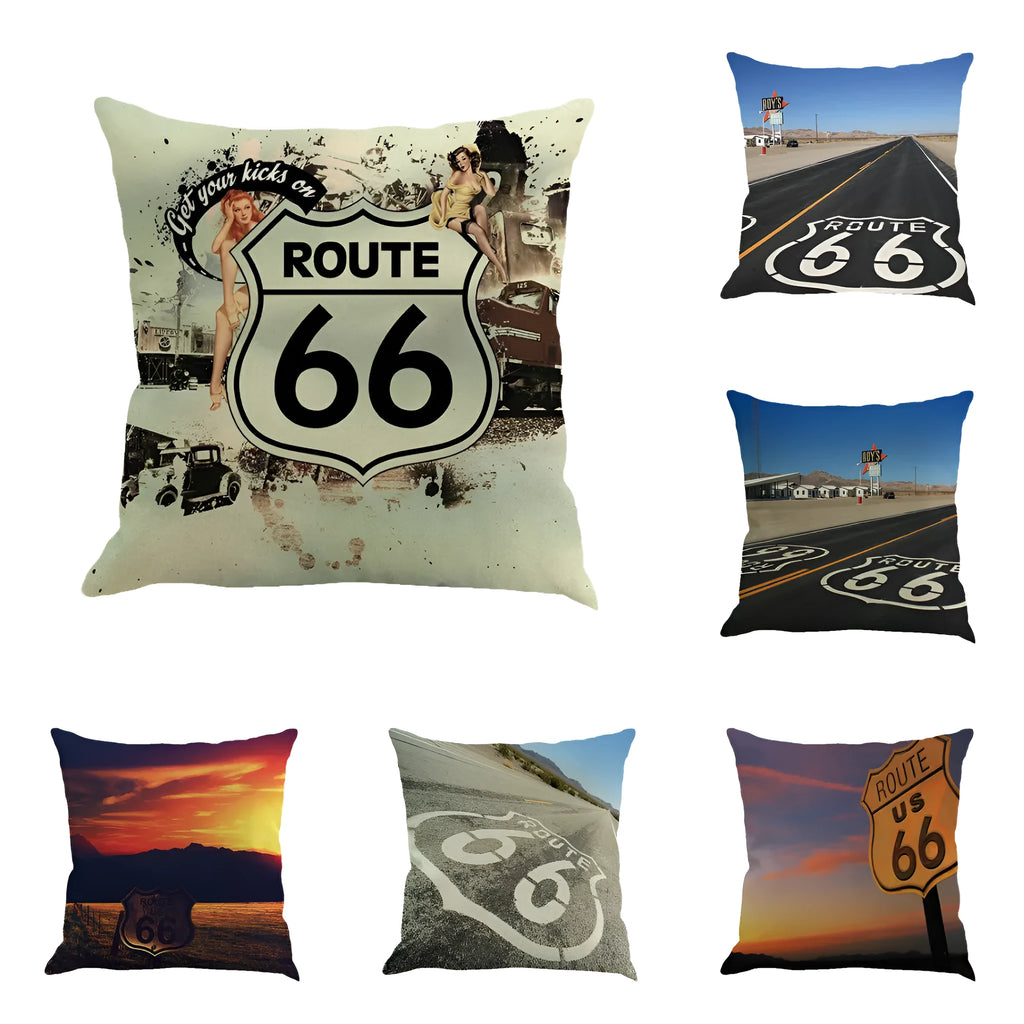 Route 66 landscape pattern linen cushion cover 45x45cm in cotton linen blend