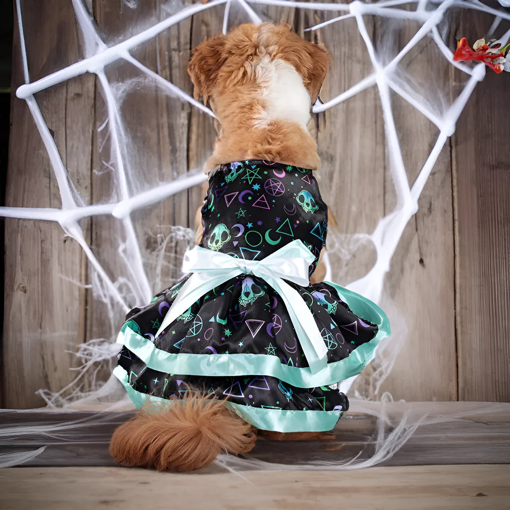 Halloween pet skirt for dogs with colourful pumpkin or skull print on double-layer polyester