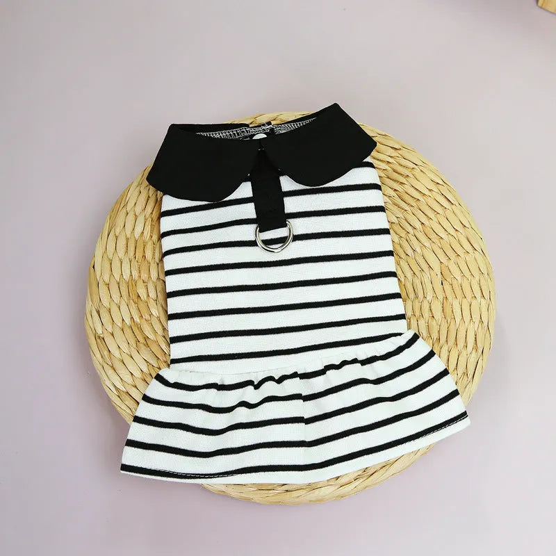 Striped cotton dog t-shirt and matching skirt pet outfit set