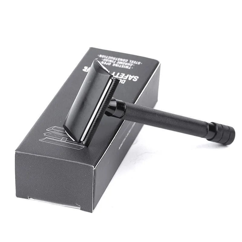 Traditional manual shaving razor and brush combination kit in black and silver metal finishes.