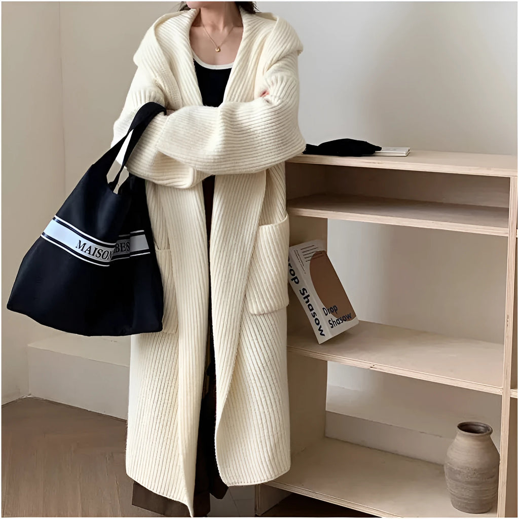 Women's loose hooded cardigan coat in acrylic fibre with 80cm length