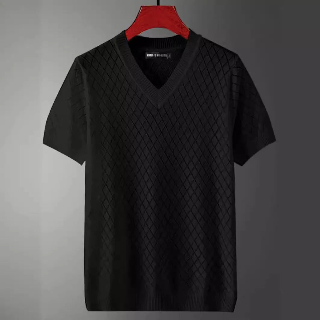 Men's ice silk short sleeve T-shirt shown in black and white, featuring both V-neck and round neck style options.