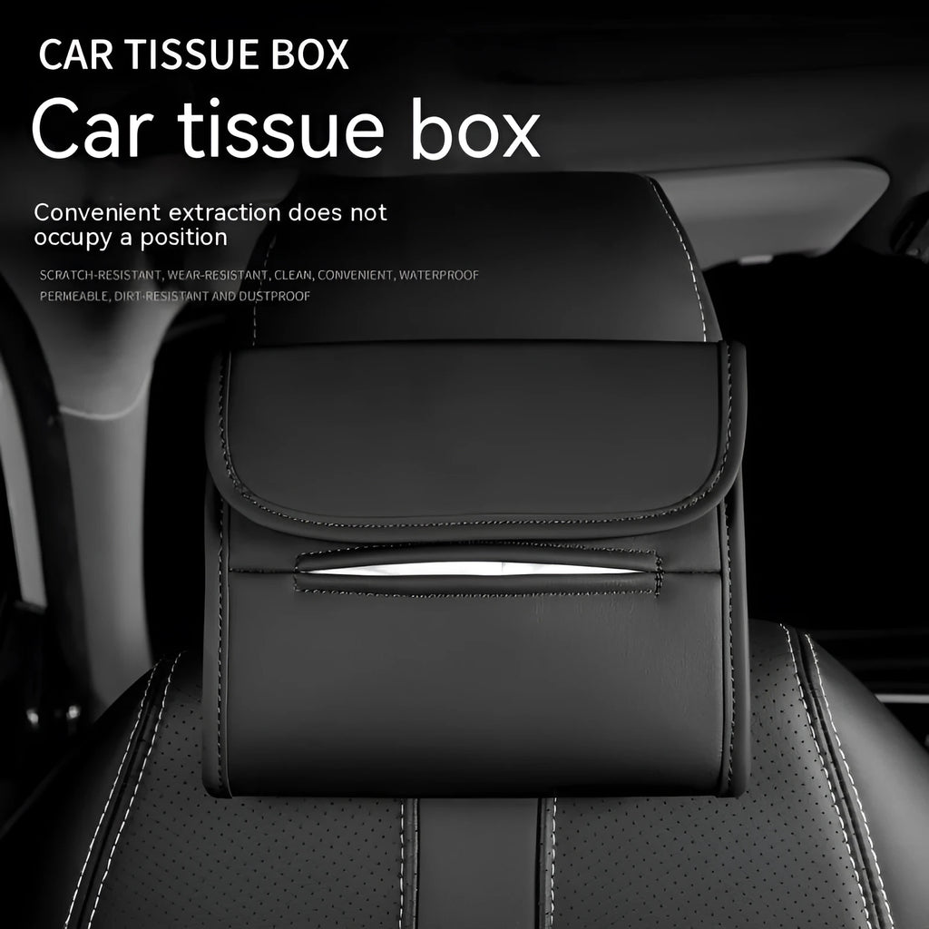 Leather car tissue box holder with elastic band mounting in five colour options