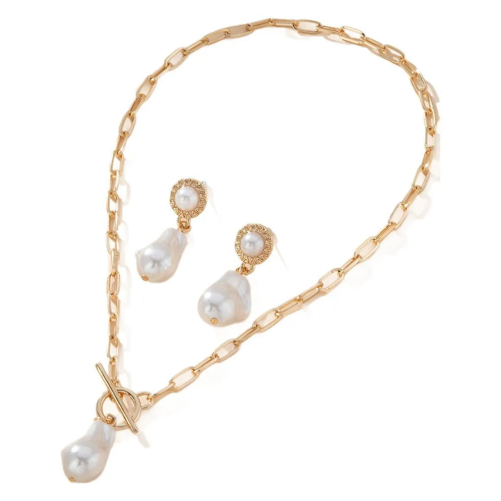 Gold colour retro baroque pearl necklace and earring jewellery set for women