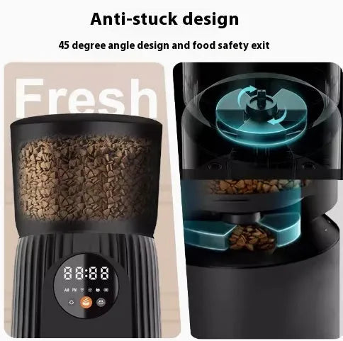 Black automatic pet feeder with digital display and food hopper for scheduled feeding