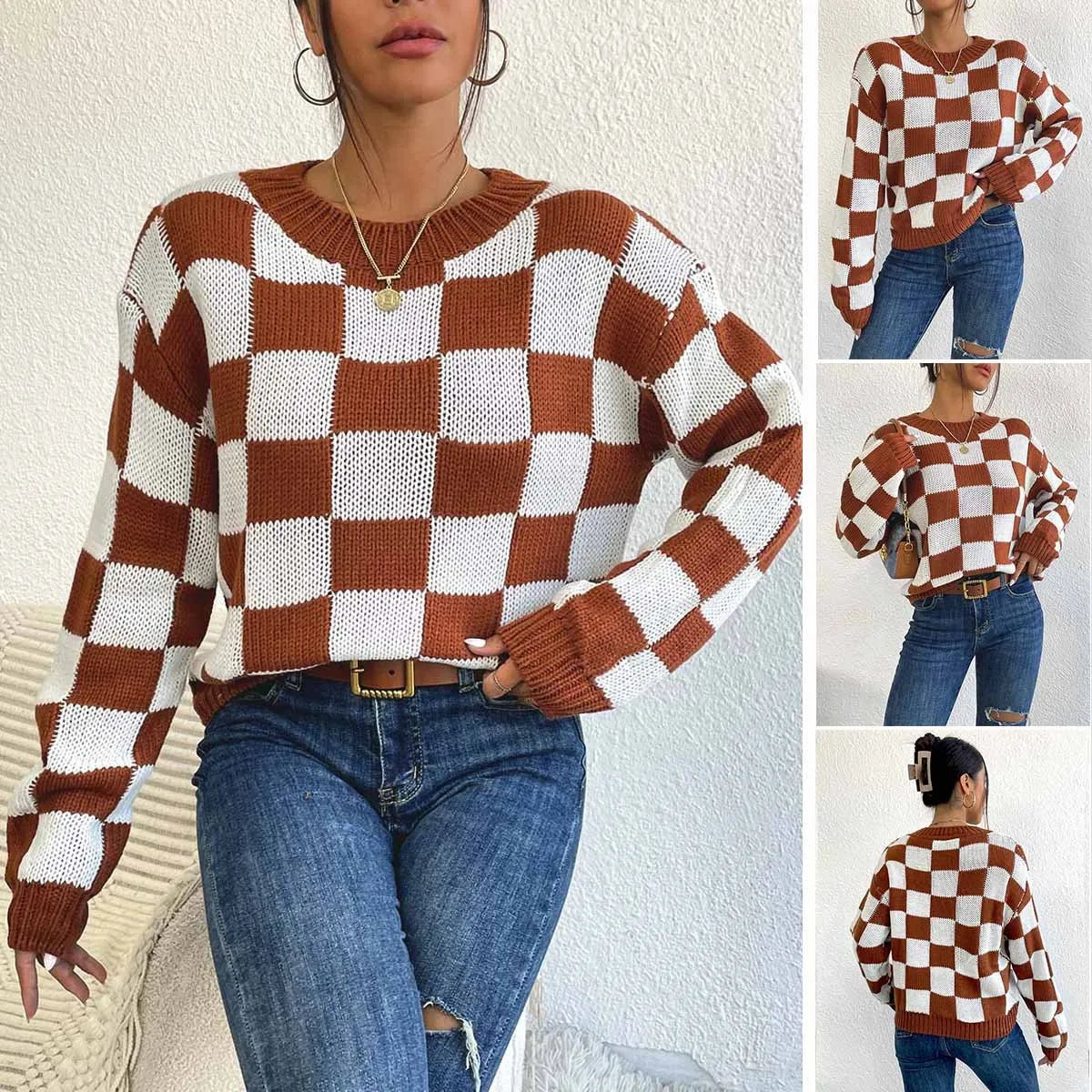 Dark brown plaid pattern acrylic loose fit sweater with long sleeves and round neck