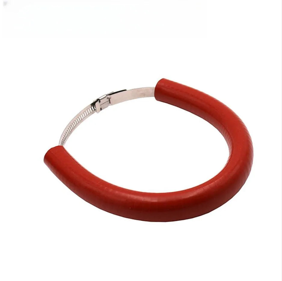 Universal motorcycle exhaust pipe anti-drop metal clamp in black, blue, or orange with included gasket.
