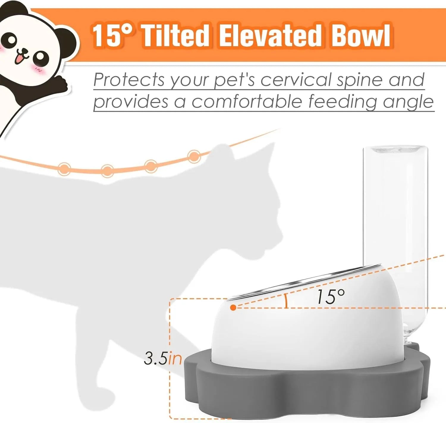 Grey and green panda-shaped automatic water dispenser with tilted stainless steel pet bowls.