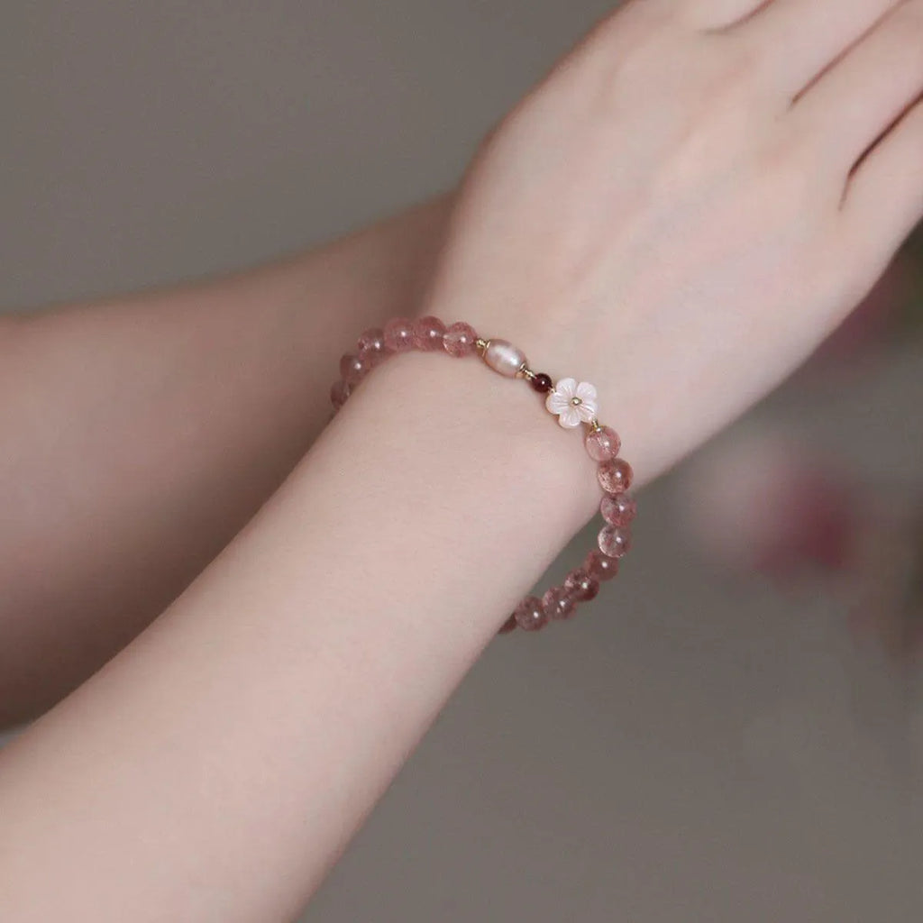 Strawberry quartz peach blossom crystal bracelet with floral design for women