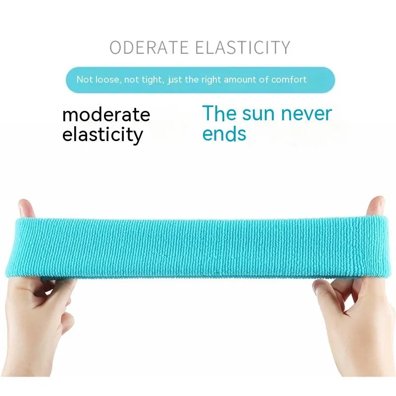 Elastic anti-sweat sports headband in solid colours: black, red, blue, rose red, and sky blue.