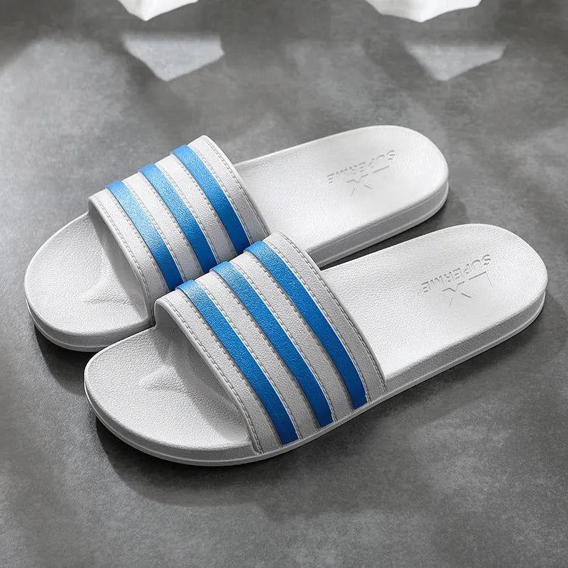 White stripes PVC bathroom slippers for women and men with three-bar design and injection moulded sole