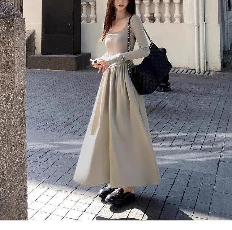 Women's black knitted square collar dress with elastic waist and A-line long skirt
