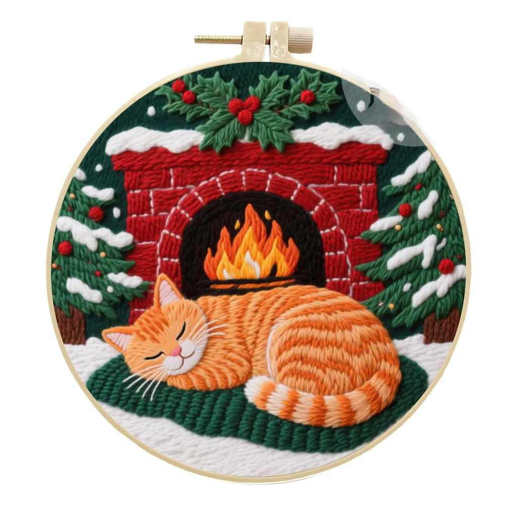 Cat embroidery DIY material package with autumn fruit designs on cotton linen fabric and 20cm bamboo frame