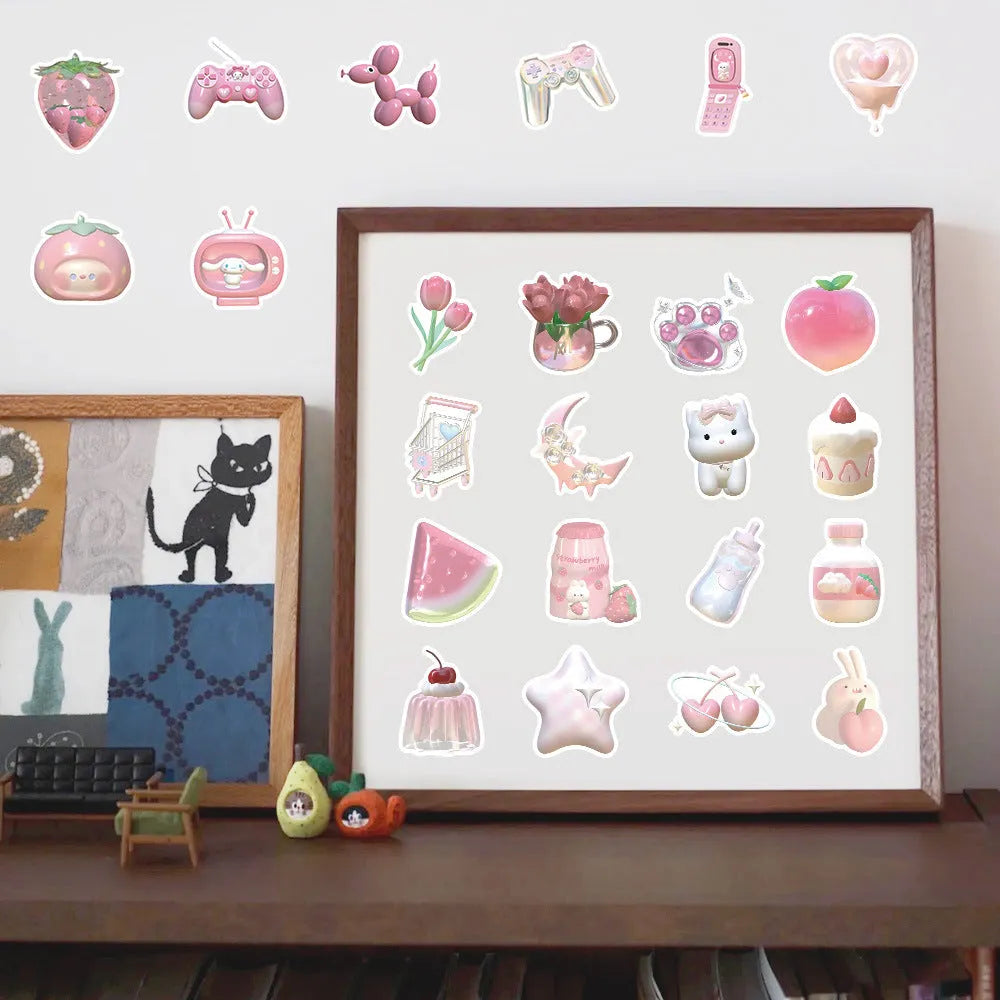 Pack of 63 cute pink heart decorative stickers with realistic 3D print on a sheet.