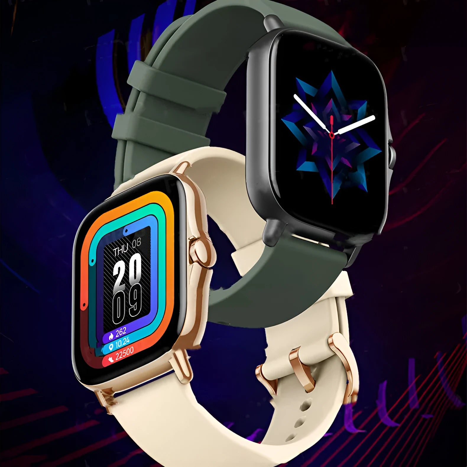 GT20 smart watch with black alloy case and silicone strap showing heart rate monitoring on screen