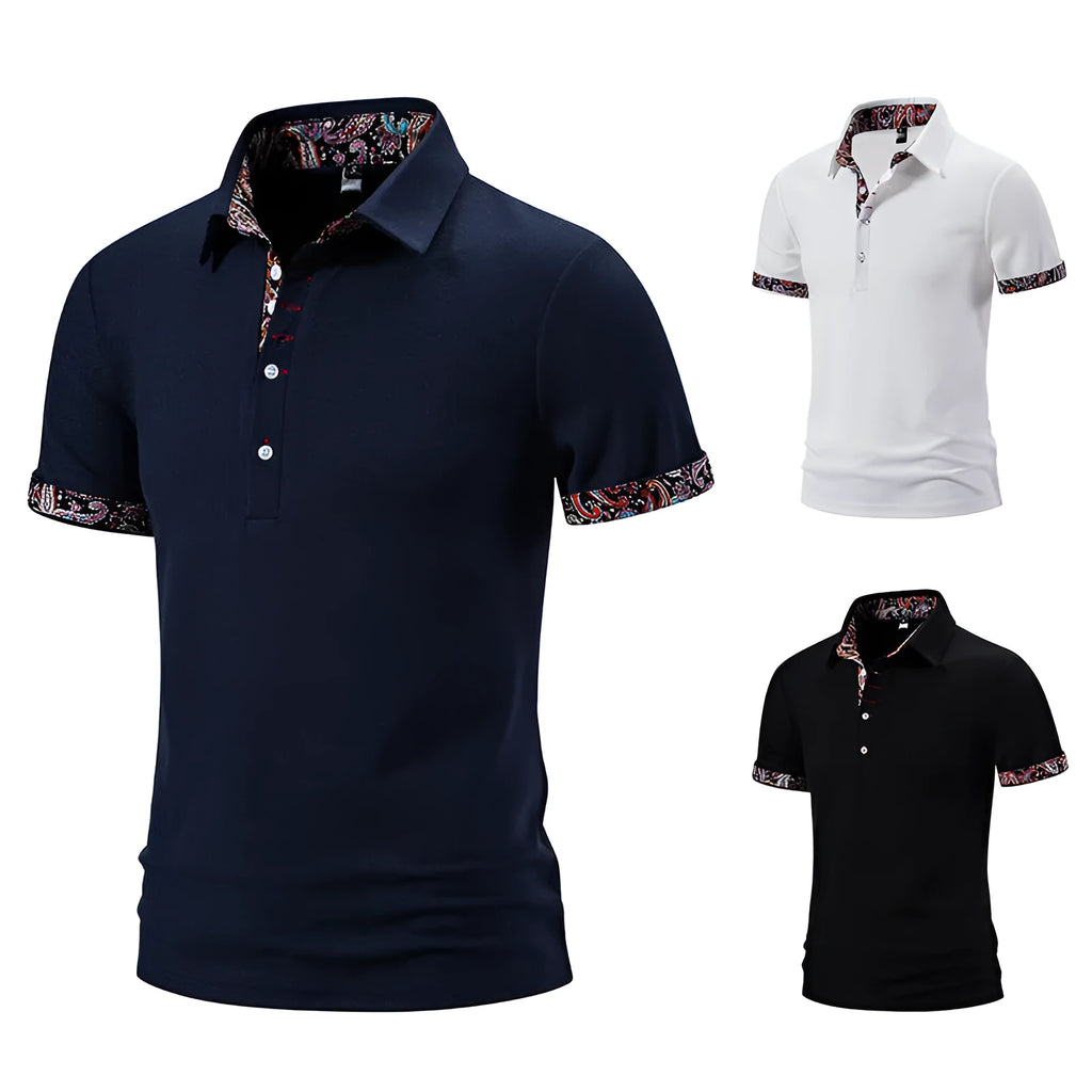 Men's cotton blend polo shirt with colour stitching on turnover collar in navy blue