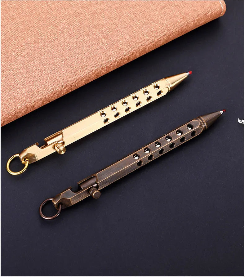 Brass hexagonal bolt pen with 0.5mm tip showing hexagonal profile and signature roller mechanism
