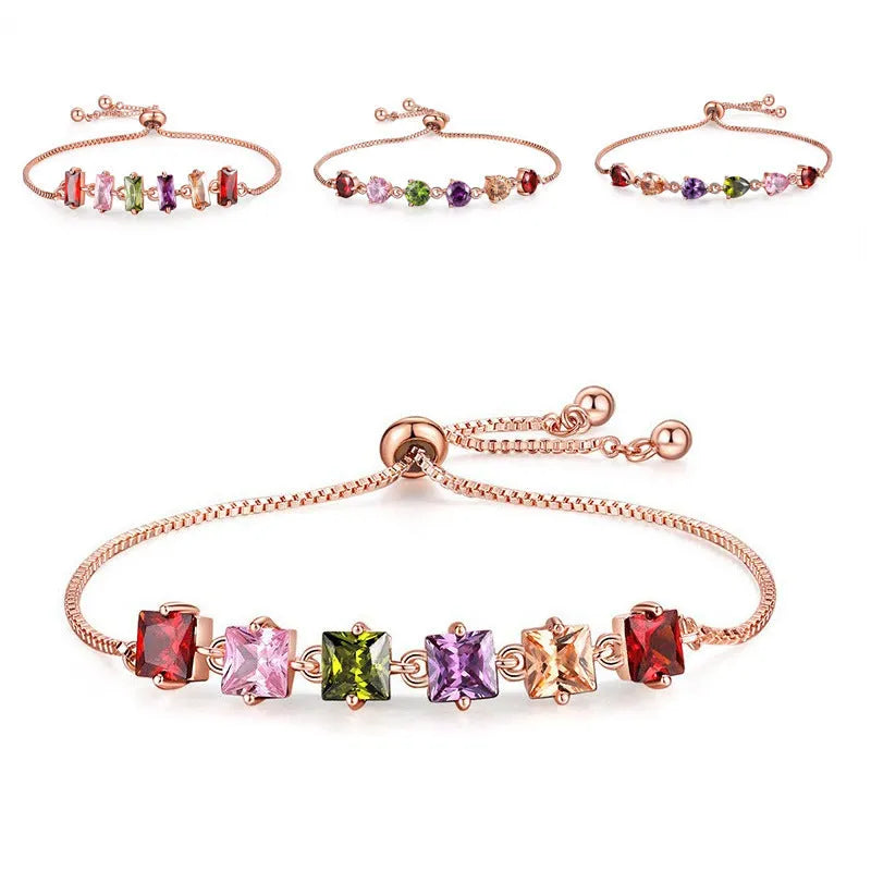 Copper geometric bracelet with inlaid zircon and glass stones for women in water drop diamond shape