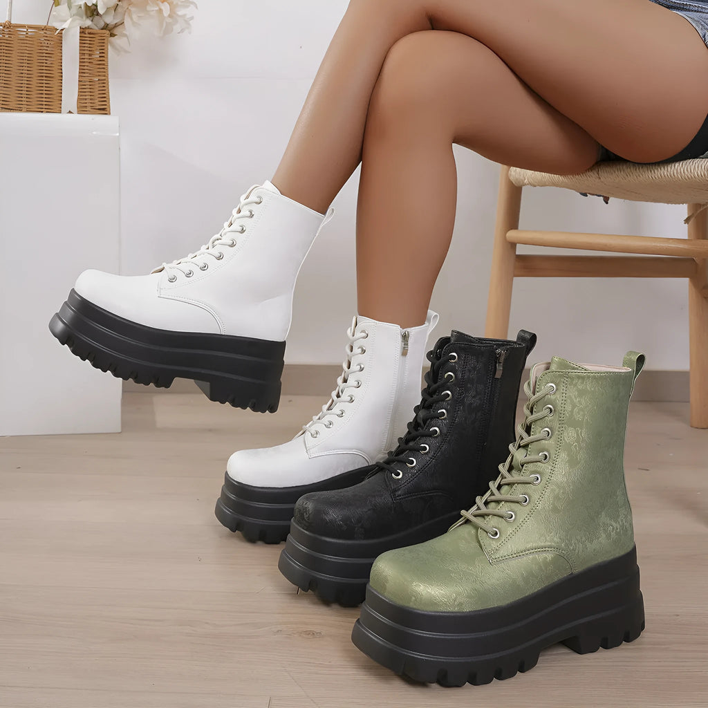 Women's white retro platform Martin boots with chunky heel and side zipper on a neutral background.