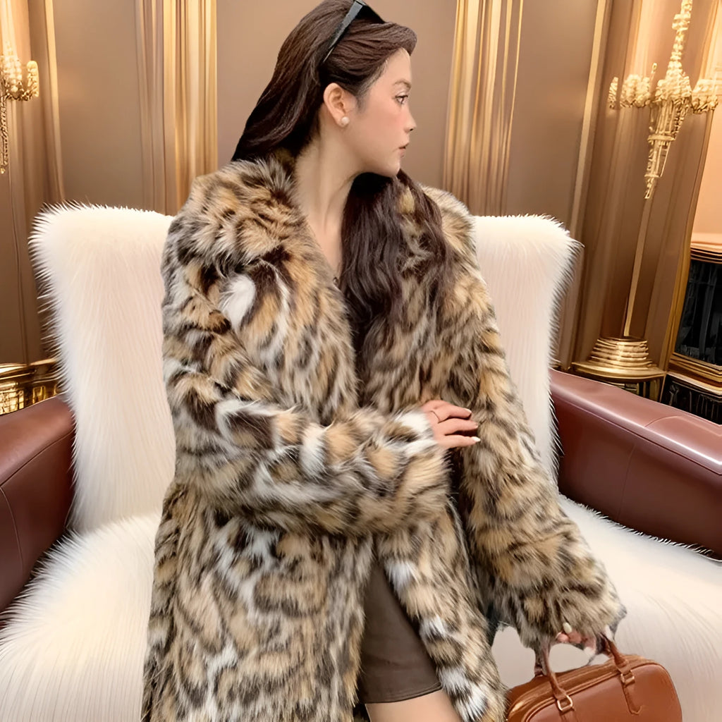 Women's artificial fur coat with fur collar in street fashion style showing mid-length and long options
