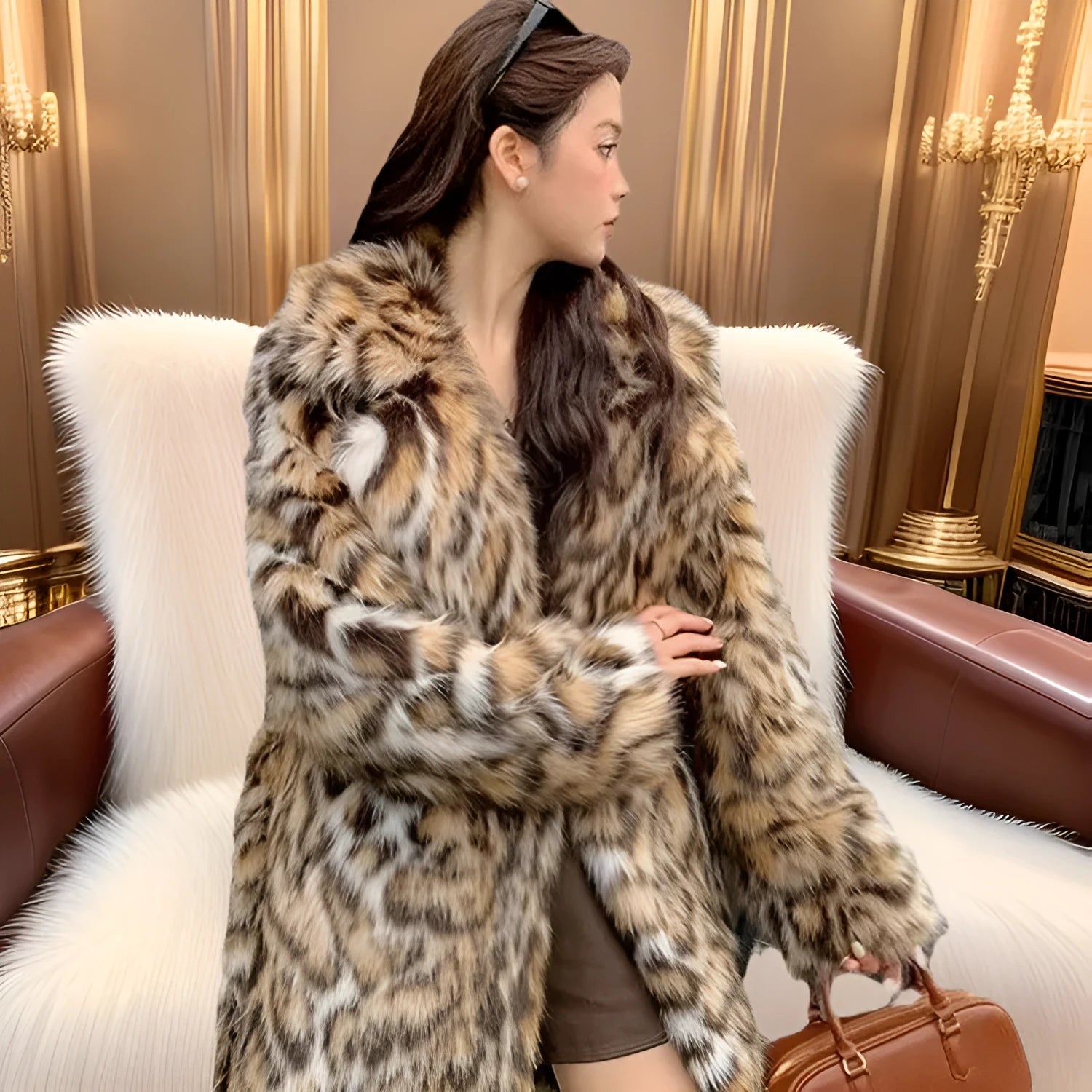 Women's artificial fur coat with fur collar in street fashion style showing mid-length and long options