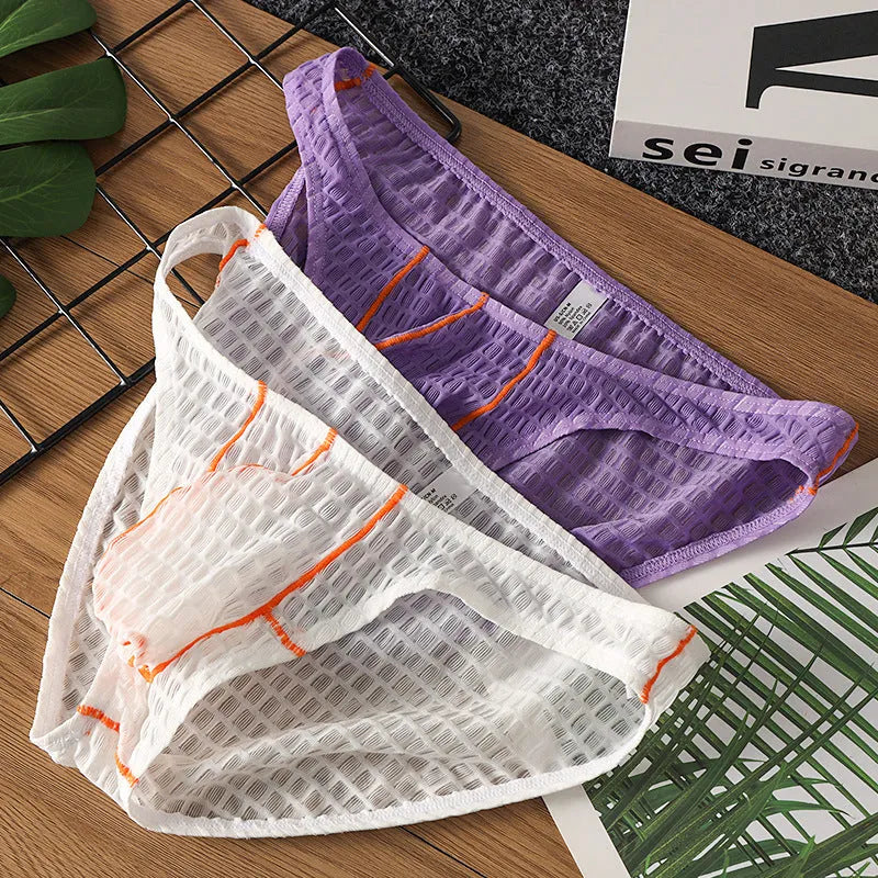 Men's ice silk lace briefs with low waist design in white, black, green, rose red, and light purple colours