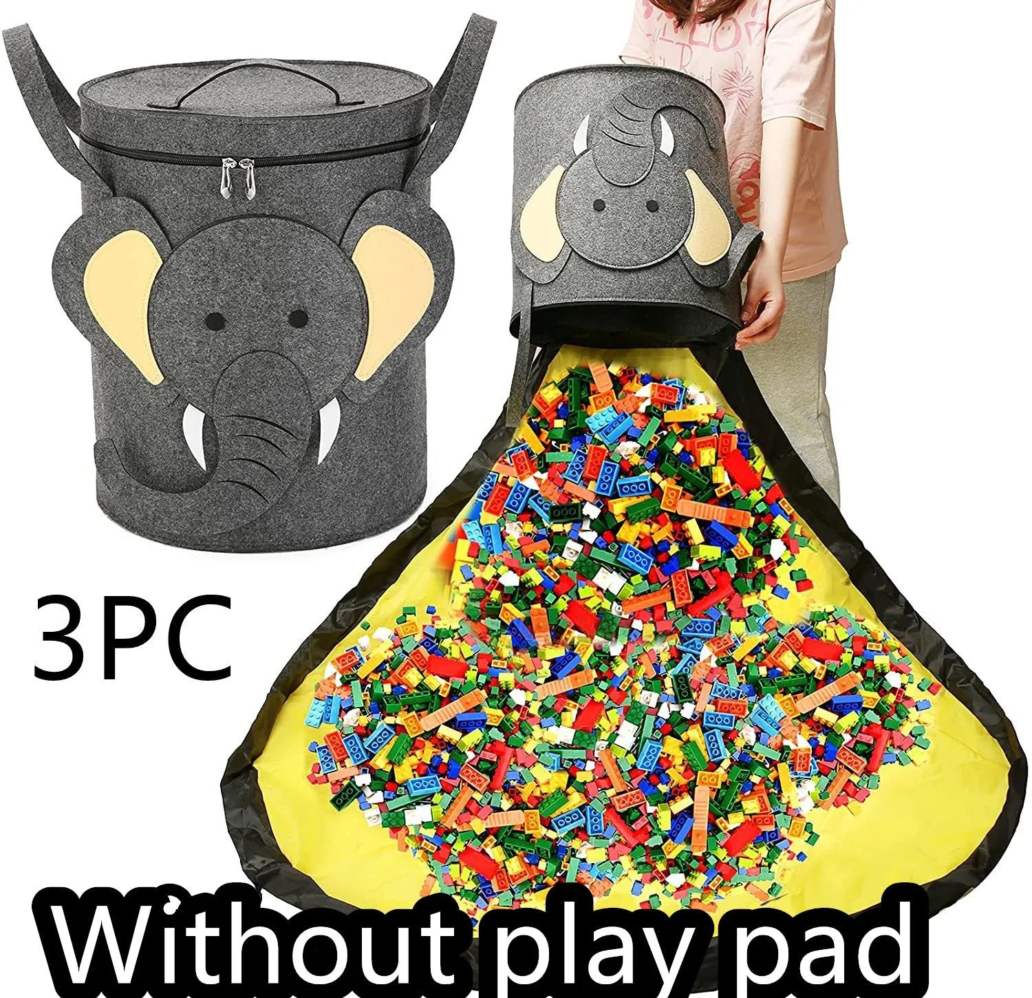 Green cube-shaped felt storage bag with a pull rope, shown as a toy organiser and play mat.