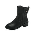 Black women's side zip boots with round toe and low rubber heel
